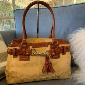 Authentic Coach Hampton Signature Gold Canvas Brown Leather Satchel Shoulder Bag